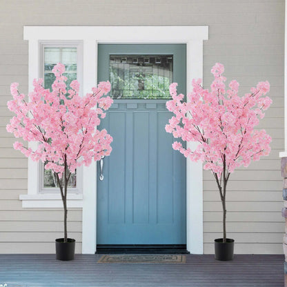 Costway 6.5 FT 2 PCS Tall Artificial Cherry Blossom Tree with 900 Pink Flowers Cement-filled