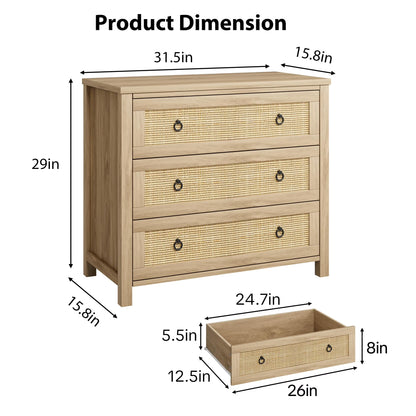 Yeshouse Boho 6-Drawer Dresser with Rattan Accents, Modern Chest of Drawers with Ring Handles & Deep Storage for Bedroom, Living Room