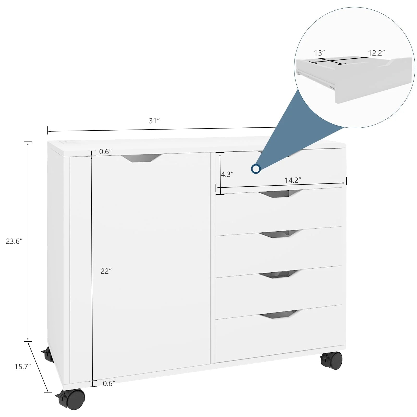 Natwind 5-Drawer Mobilable Wood Printer Stand with Charging Station,Cart File Storage Cabinets with Socket and Door Home Office Lateral Filing Cabinet(white)