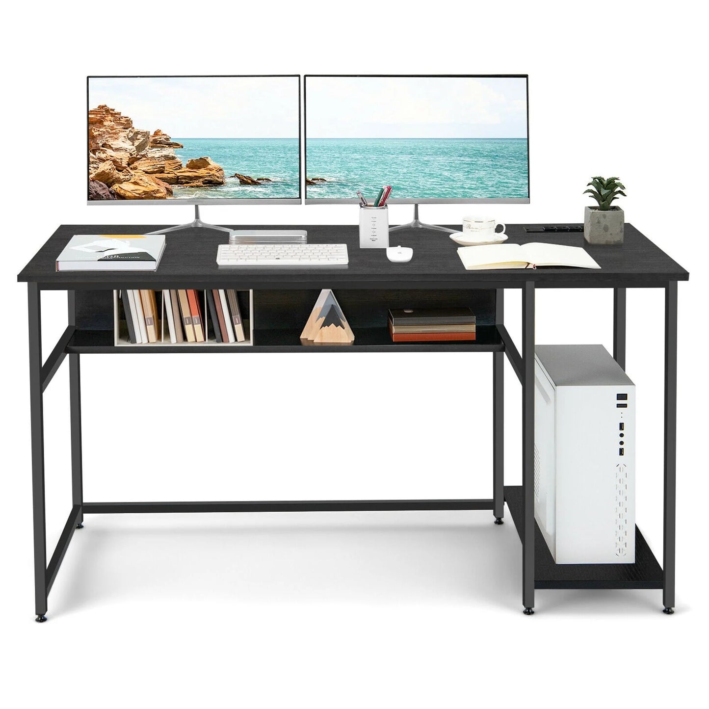 Gymax 55'' Computer Desk Home Office PC Workstation w/Power Outlets & USB Ports Black