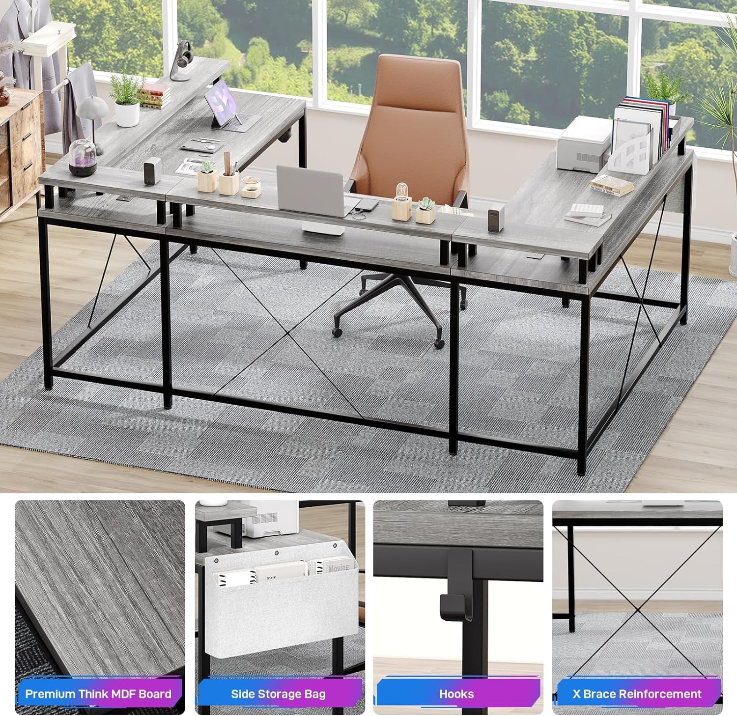 NEILA U Shaped LED Light Computer Gaming Desk with Power Outlets, Reversible 78.8'' Large PC Desk with Monitor Stand & Storage Bag, Home Office Desk, Study Desk, Writing Desk, Workstation, Grey
