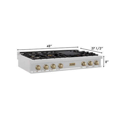 ZLINE Autograph Edition 48" Porcelain Rangetop with 7 Gas Burners in DuraSnow Stainless Steel and Champagne Bronze Accents (RTSZ-48-CB)