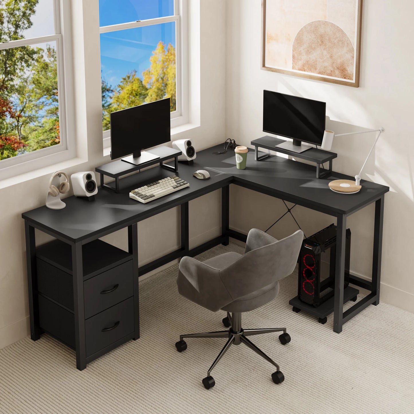 66" L Shaped Computer Desk with Power Outlets, Gaming Desk with Shelf and Drawers for Home Office, Black