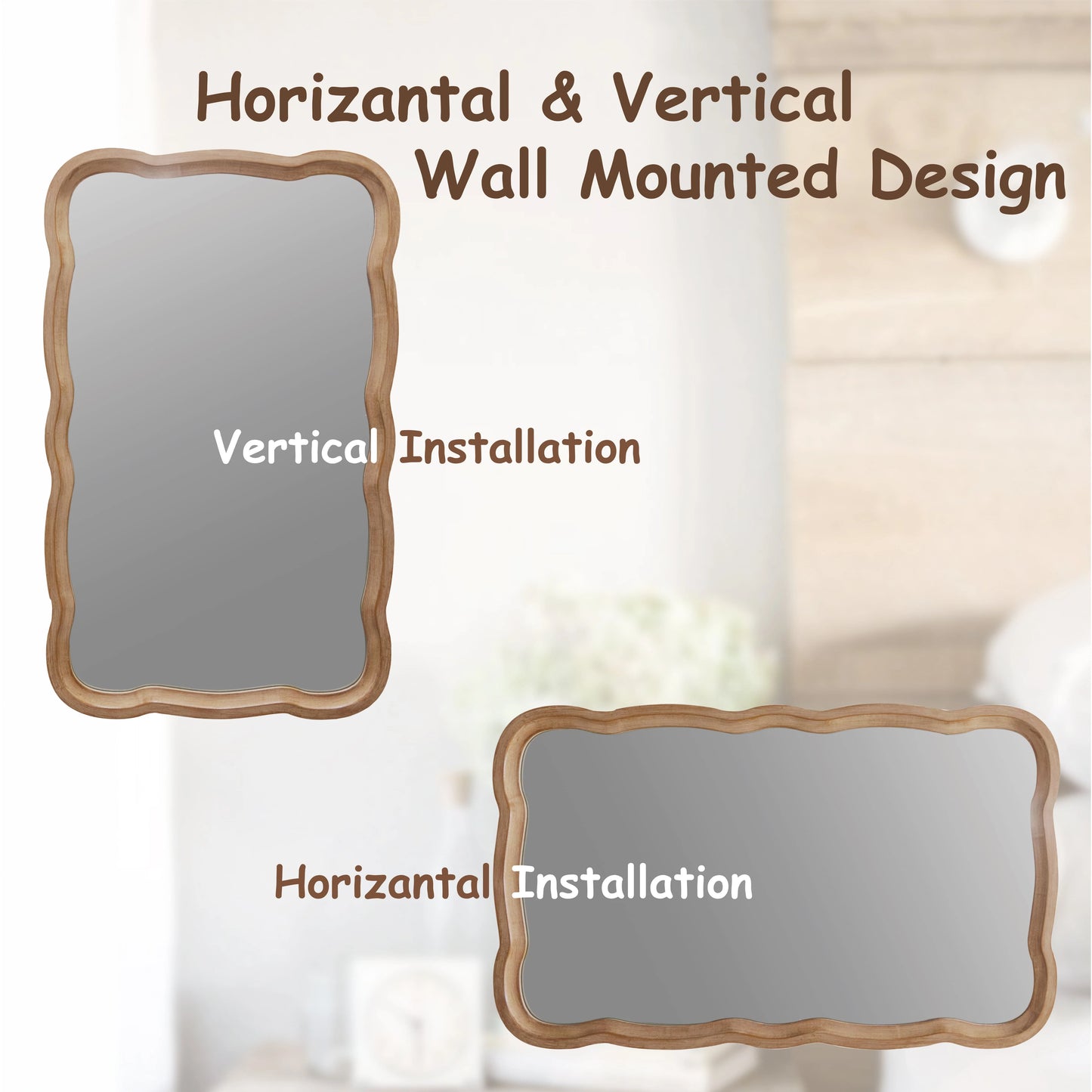 COZAYH Curved Wood Frame Accent Mirror, Farmhouse French Country Decorative Wall Mirror, Rectangle 23.5" L x 38" W, Natural