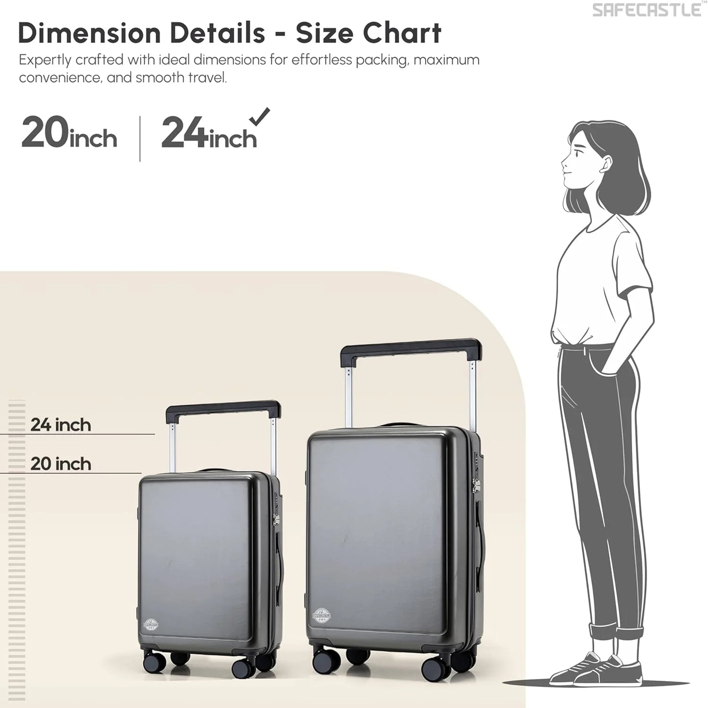 SAFECASTLE 24-Inch PC Hardshell Suitcase Wide Handle Design, Spinner Wheels, Travel Makeup Bag & Protective Luggage Cover Included Lightweight, Durable and Spacious Luggage in Black Single Unit