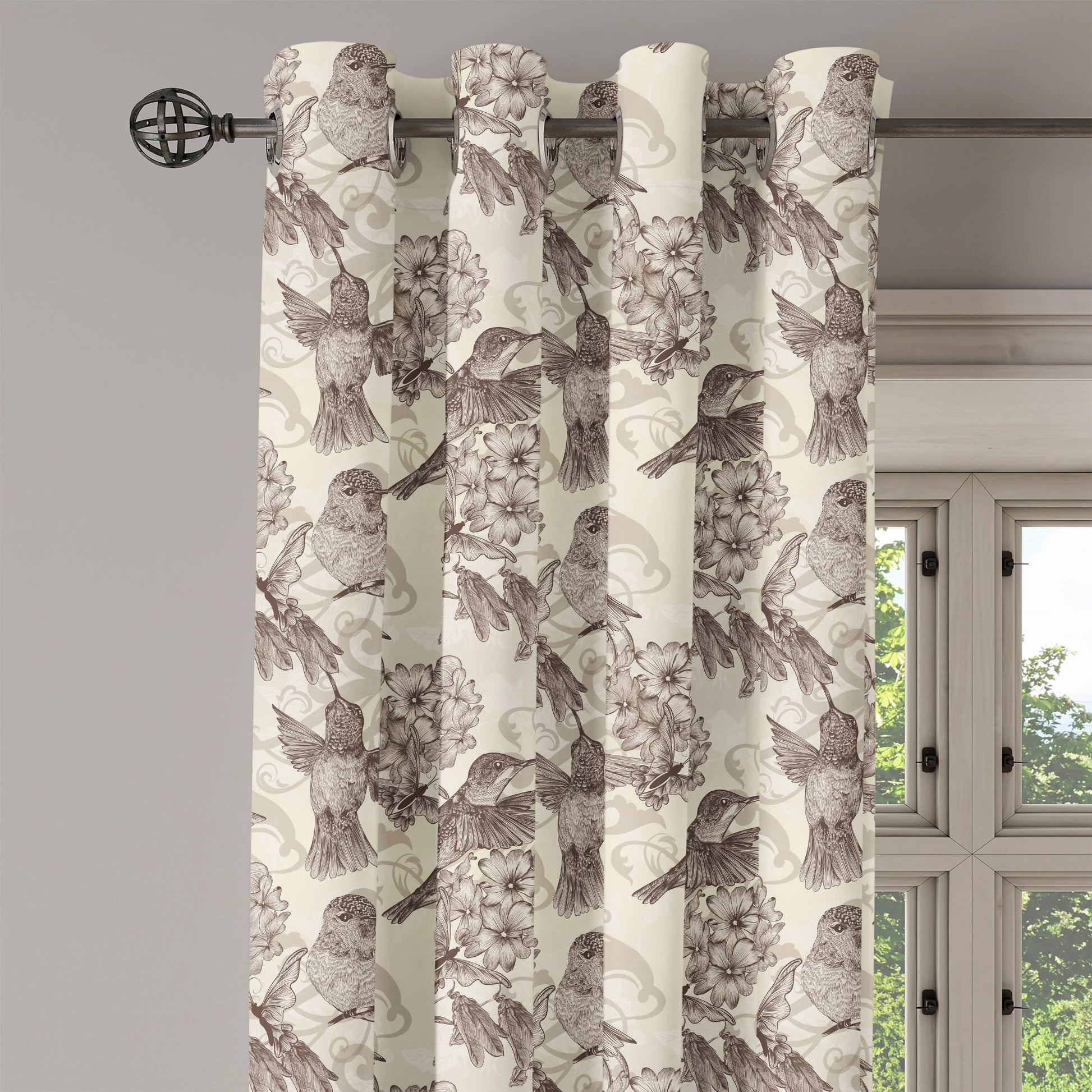 Hummingbirds Grommet Curtain, Birds and Flowers Monochromic Classical Design Nostalgia Ornate, Decorative 2-Panel Window Drapes for Bedroom Living Room, 50" x 120", Cream Beige Brown, by Ambesonne