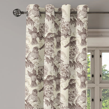 Hummingbirds Grommet Curtain, Birds and Flowers Monochromic Classical Design Nostalgia Ornate, Decorative 2-Panel Window Drapes for Bedroom Living Room, 50" x 120", Cream Beige Brown, by Ambesonne
