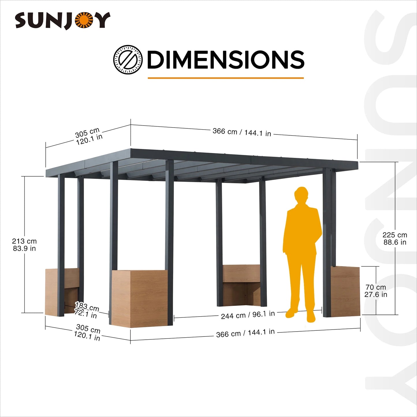 Sunjoy Pergola 10 x 12 ft. Outdoor Black Steel Frame Pergolas with Planters