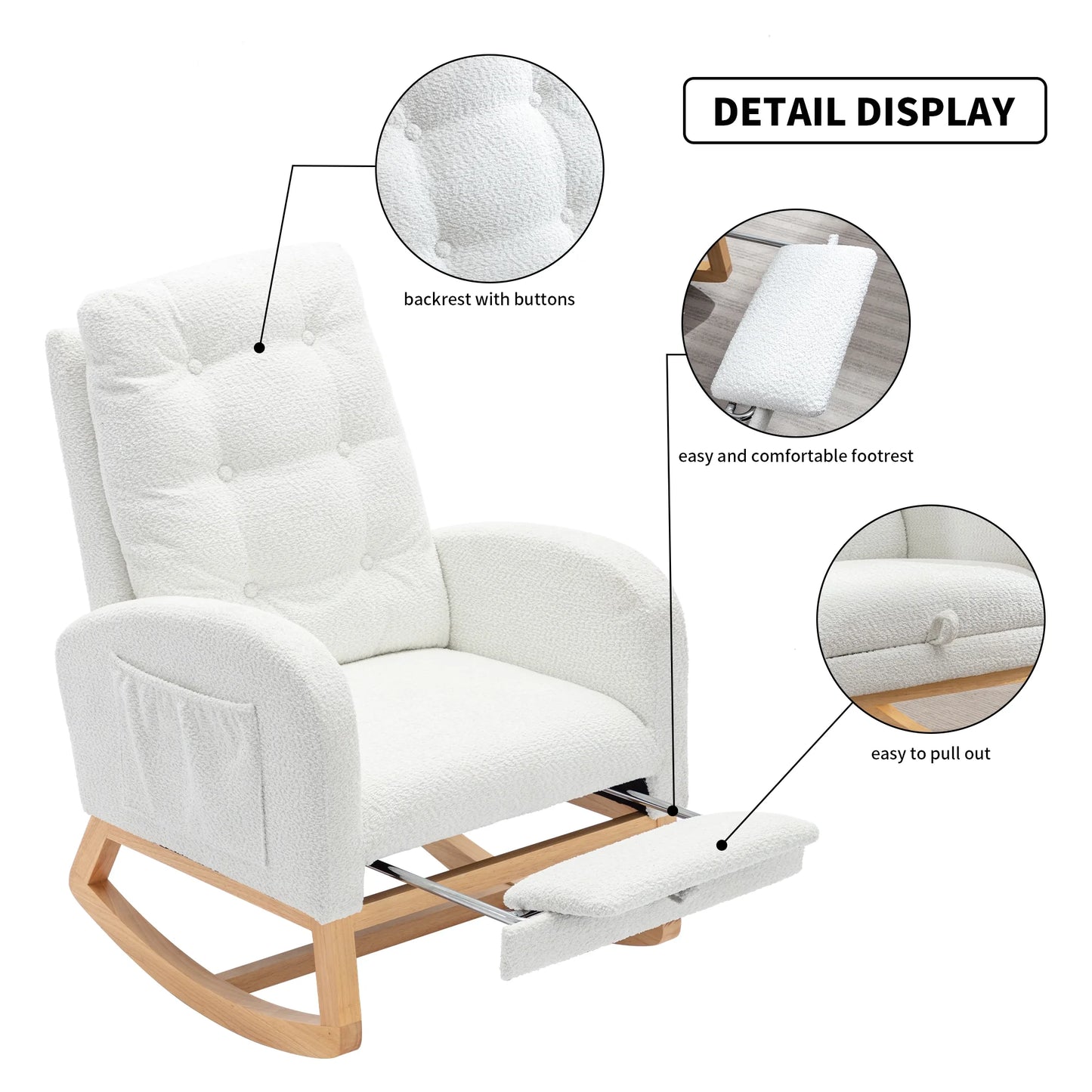 Modern Accent Rocking Chair with Pull-out Footrest,Nursery Glider Chair with Solid Wood Legs & Side Pocket,Upholstered Lounge Chair with High Backrest,White