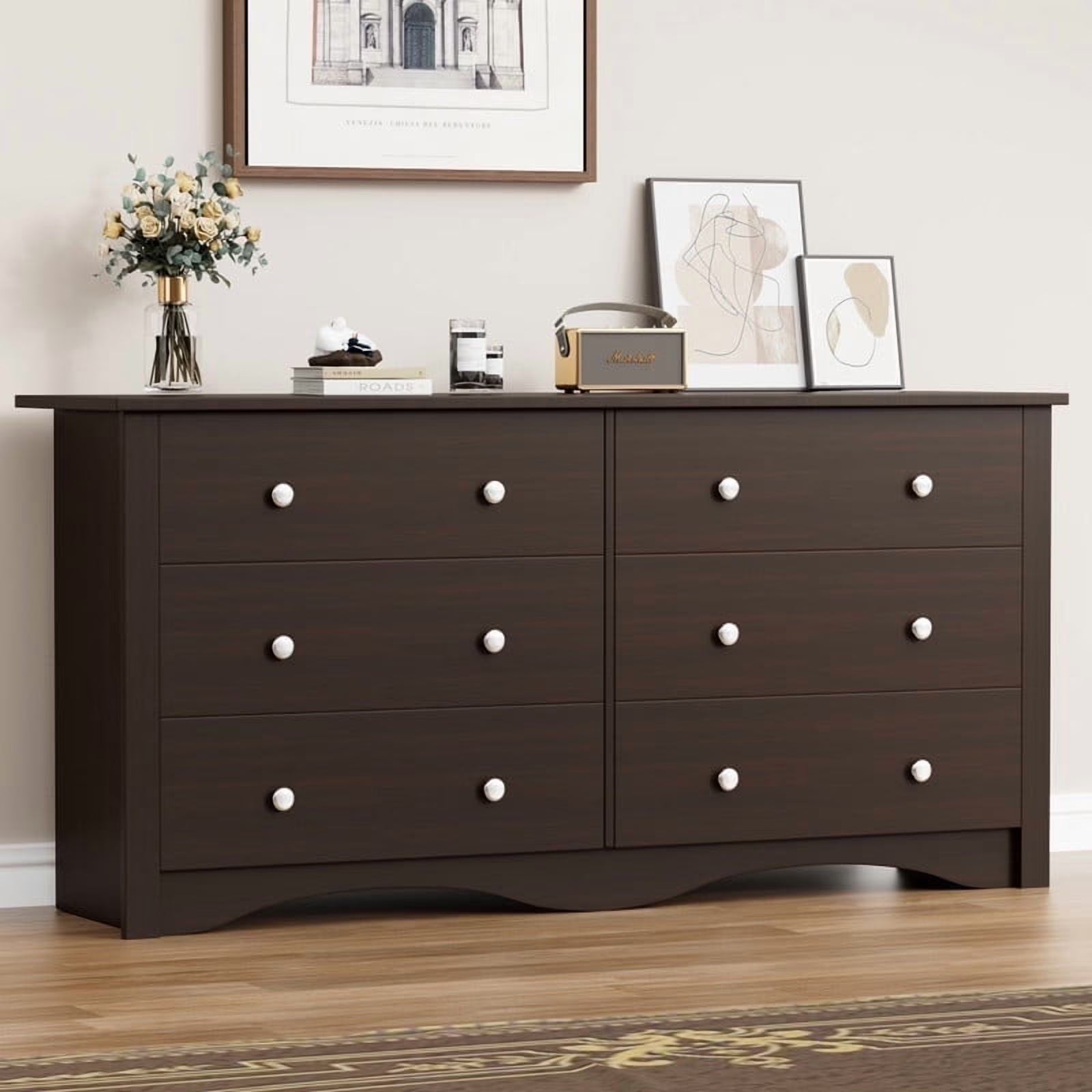Lumihaven Rustic Modern Chest of 6 Drawers,Extra Wide Double Dresser for Master Bedroom or Nursery Storage,Black