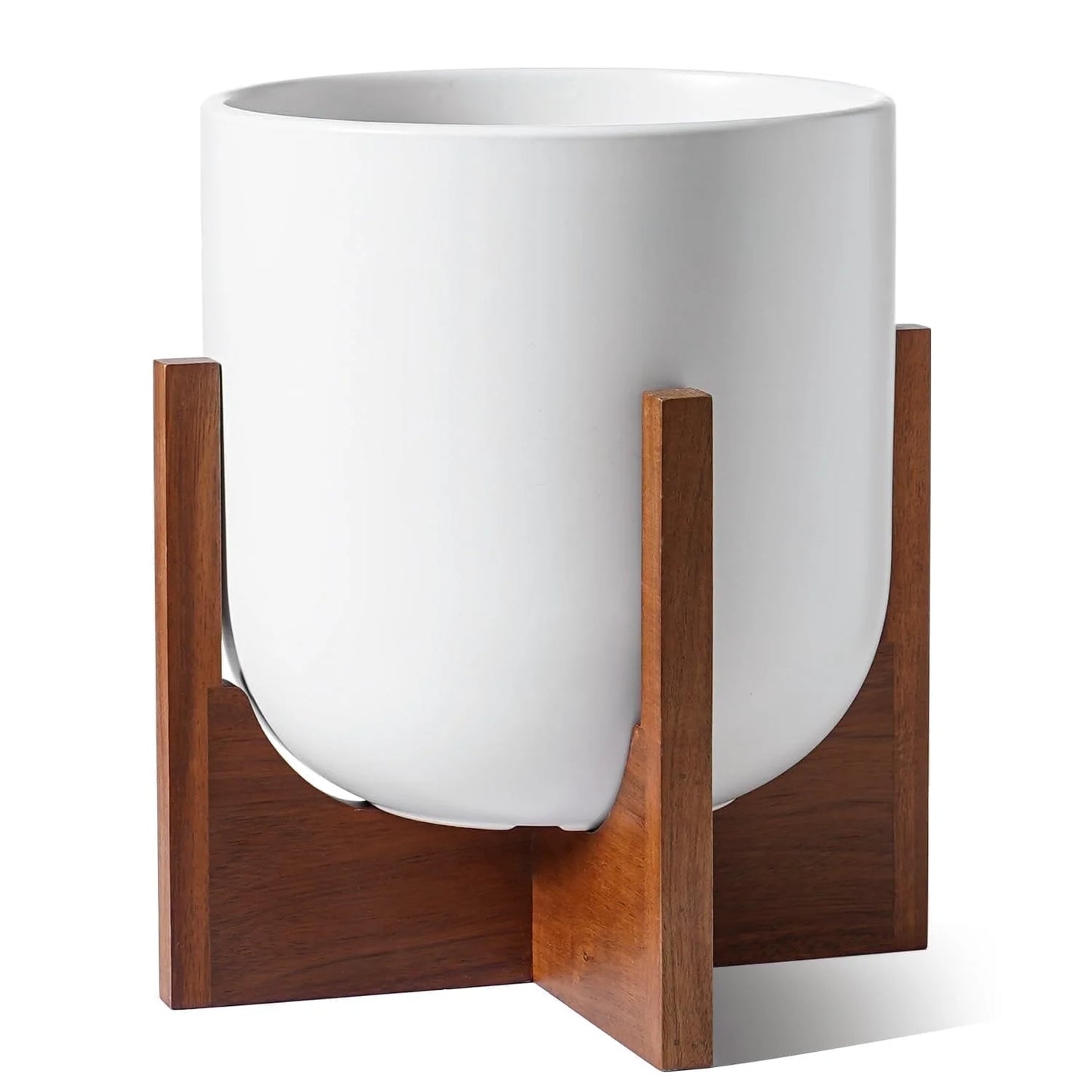 BEMAY 12" White Ceramic Planter with Wood Stand, Large Indoor Plant Pot and Flower Pot for Tall Plants and Houseplants, Mid Century Modern Decor