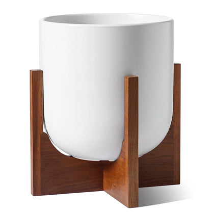 BEMAY 12" White Ceramic Planter with Wood Stand, Large Indoor Plant Pot and Flower Pot for Tall Plants and Houseplants, Mid Century Modern Decor