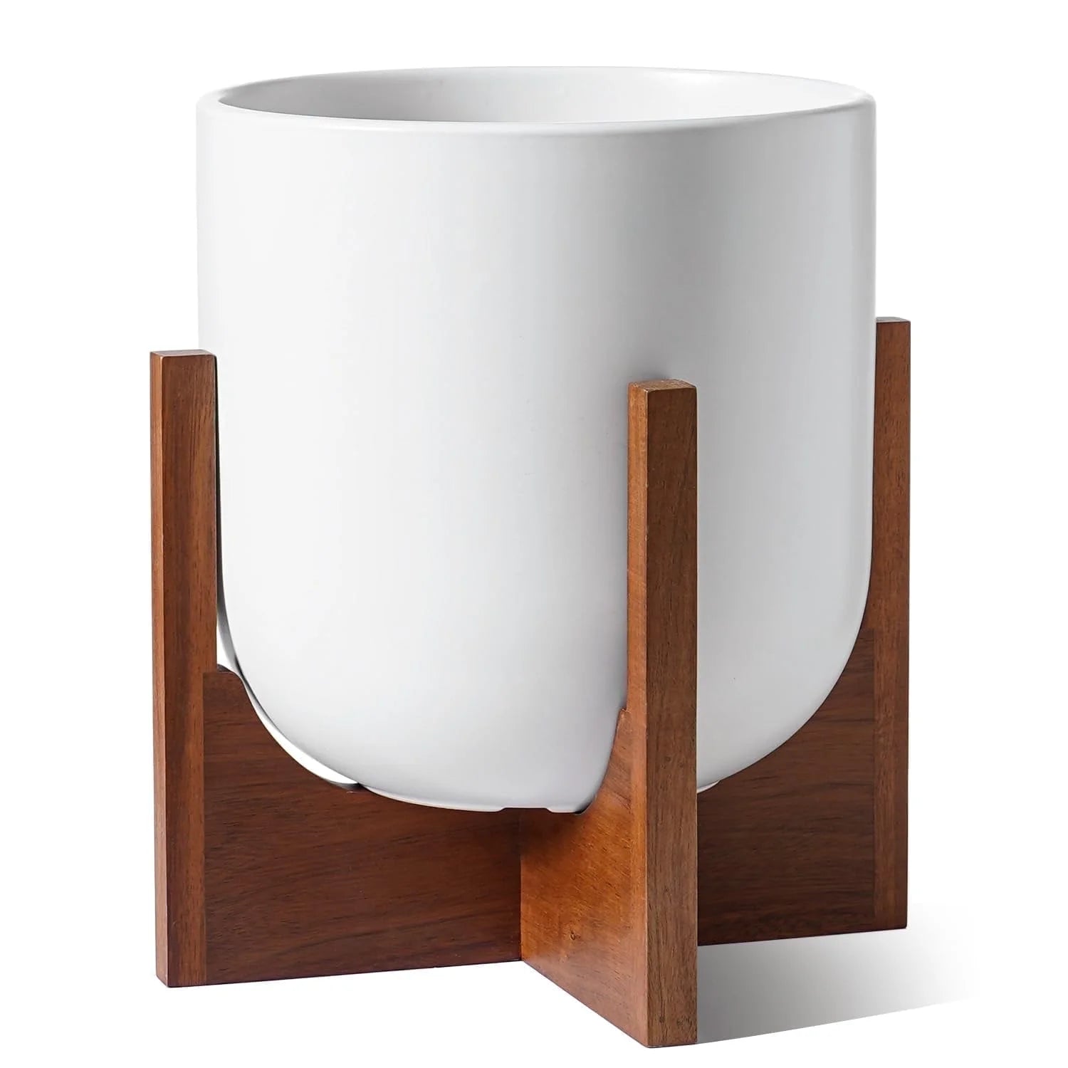 BEMAY 12" White Ceramic Planter with Wood Stand, Large Indoor Plant Pot and Flower Pot for Tall Plants and Houseplants, Mid Century Modern Decor