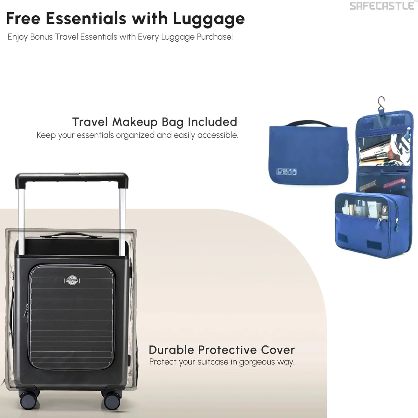 SAFECASTLE 24-Inch PC Hardshell Suitcase Wide Handle Design, Spinner Wheels, Travel Makeup Bag & Protective Luggage Cover Included Lightweight, Durable and Spacious Luggage in Black Single Unit