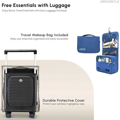 SAFECASTLE 24-Inch PC Hardshell Suitcase Wide Handle Design, Spinner Wheels, Travel Makeup Bag & Protective Luggage Cover Included Lightweight, Durable and Spacious Luggage in Black Single Unit
