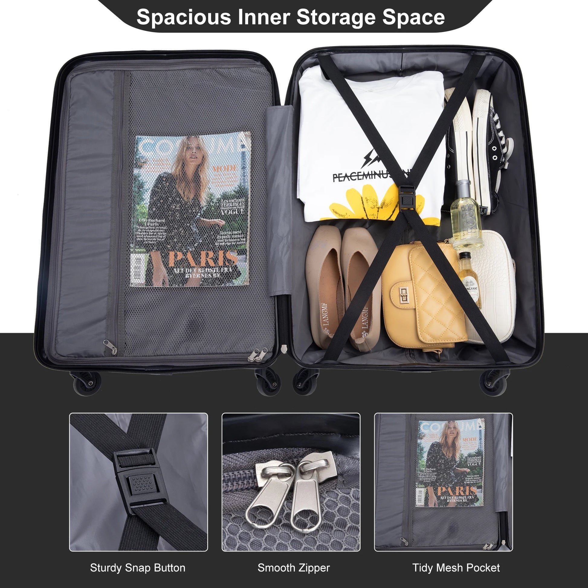 PAPROOS Hardside Luggage Set, 3 Piece 21in 25in 29in Carry on Suitcases Set with 2 Hooks and TSA Lock, Modern Lightweight Luggage Set, Hardshell Expandable Suitcase Set for Family Travel, Black