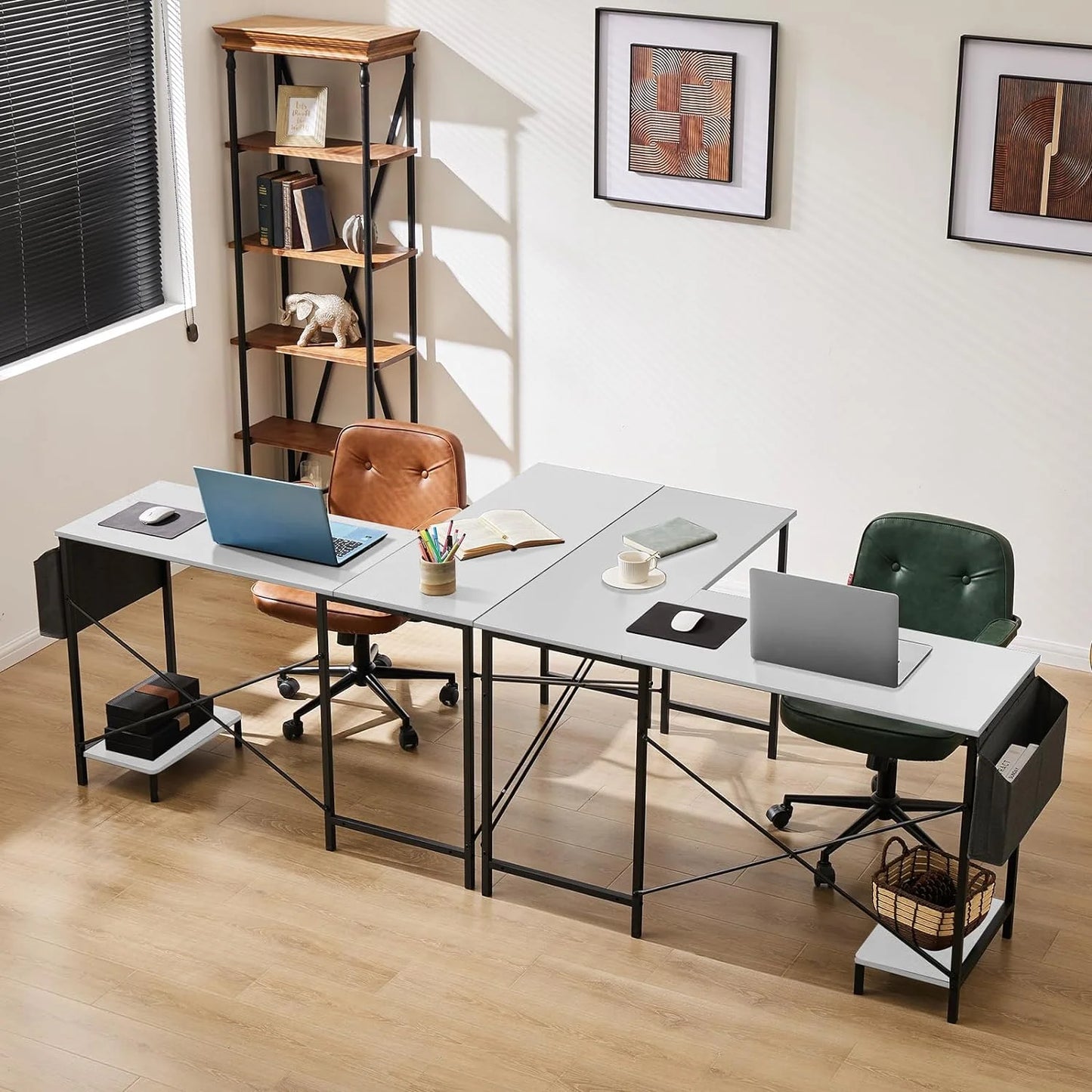 L Shaped Computer Desk - Gaming Corner 50 Inch PC White Writing Study Student Table with Wooden Desktop CPU Stand Side Bag Reversible for Home Office Room Small Space, White