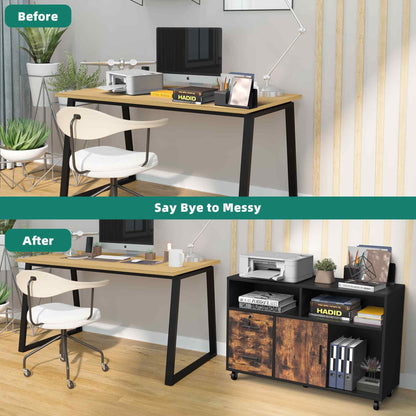 Dextrus Wood File Cabinet, 2 Drawer Mobile Lateral File Cabinet Printer Stand with Open Storage Shelves for Home Office, Black & Rustic Brown