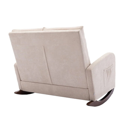Modern Double Rocking Chair, Upholstered Oversized Glider Rocker for Baby Nursery and Kids, Loveseat Accent Armchair with High Back and Side Pocket, Extra Wide Lounge Chair for Living Room, Beige