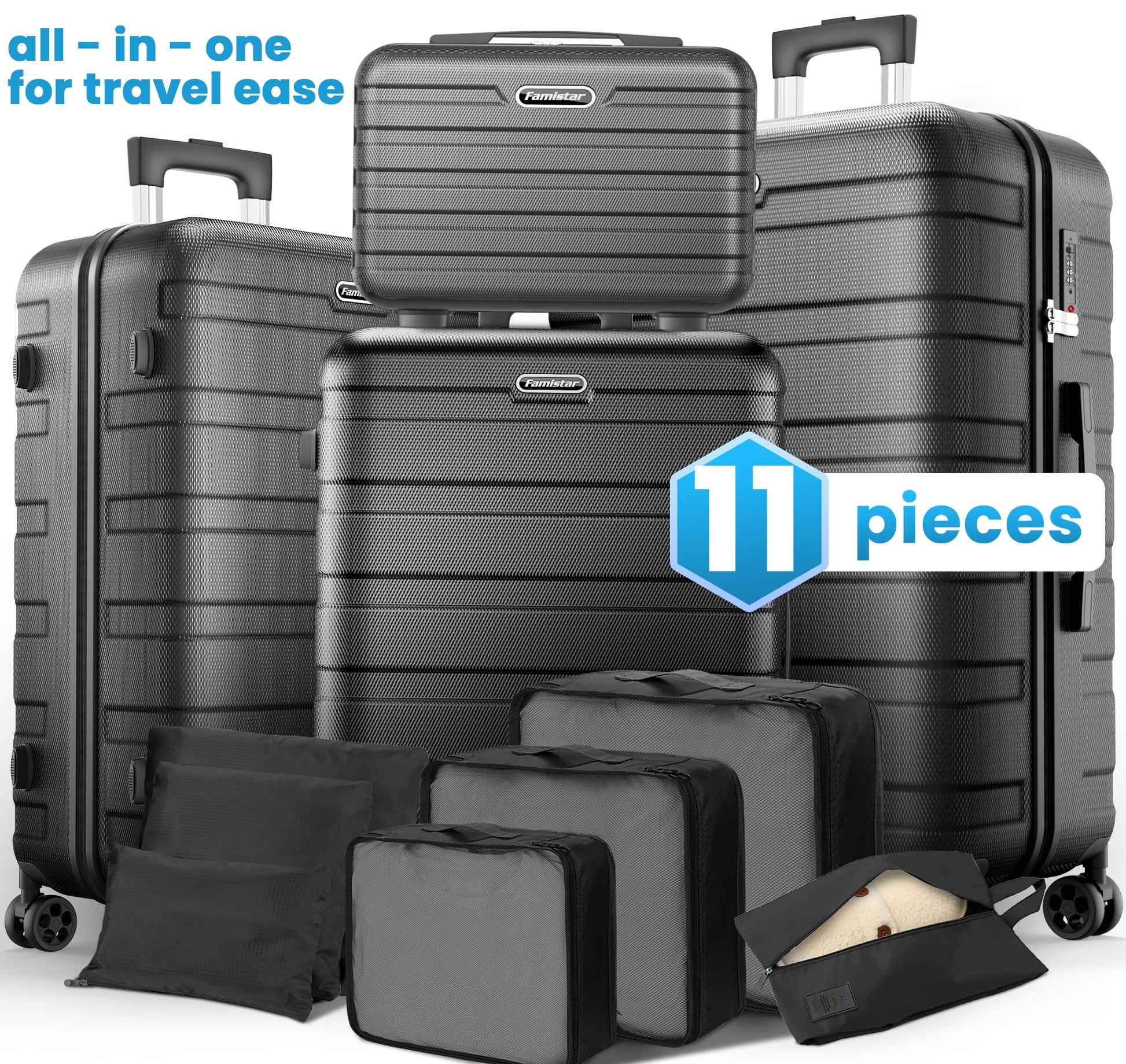 Hardshell Luggage 11 Piece Set, Lightweight Suitcases with 360° Spinner Wheels & TSA Lock, 20" Carry-On + 24"/28" Checked Luggage + 14" Travel Case, Black