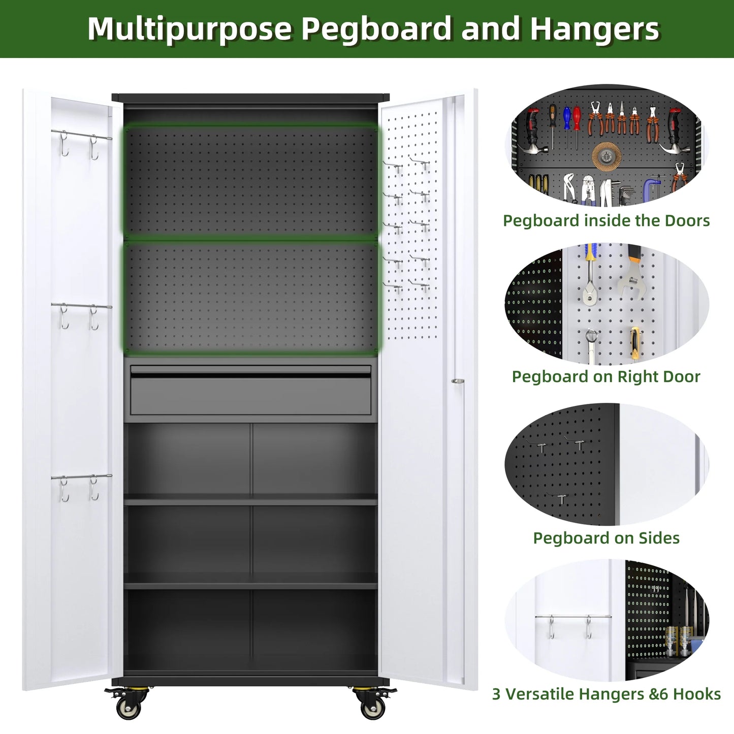 GAEANET 71" H Metal Storage Cabinet on Wheels with Pegboards & Drawer,Lockable Rolling Steel Tool Chest Cabinet for Garage,Warehouse,Home Office,Assembly Required,Black+Gray