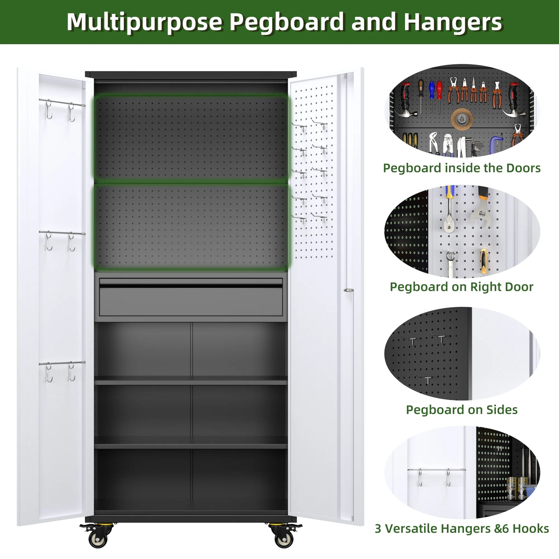 GAEANET 71" H Metal Storage Cabinet on Wheels with Pegboards & Drawer,Lockable Rolling Steel Tool Chest Cabinet for Garage,Warehouse,Home Office,Assembly Required,Black+Gray