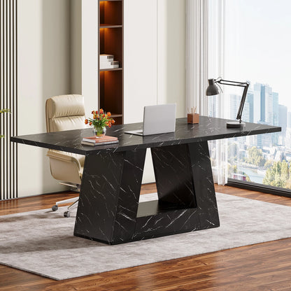Tribesigns Modern Computer Desk, 63 inch Wooden Faux Marble Study Writing Table with Sturdy Base for Home Office, Black