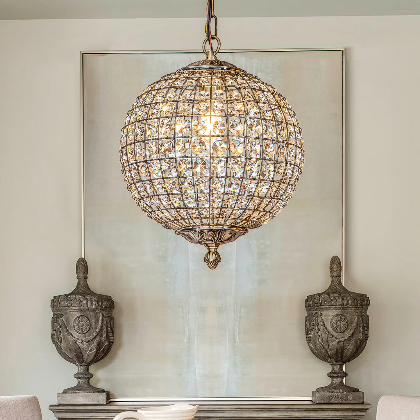 1-Light 12" Retro Antique Gold Crystal Globe Chandelier Small Sphere Pendant Light