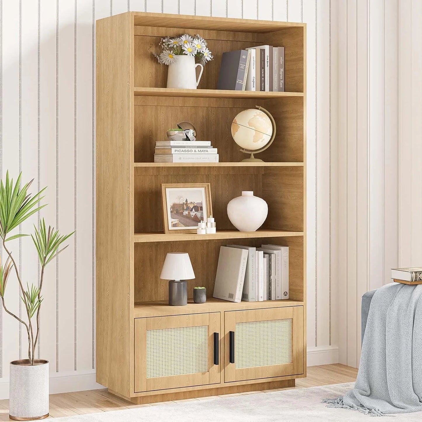 Huloretions 5 Tier Bookself, Boho Bookcase with Rattan Doors, Wooden Bookcase and Bookshelf with Storage, Tall Book Stand, Large Bookshelf for Living Room, Bedroom, Home Office, Kitchen