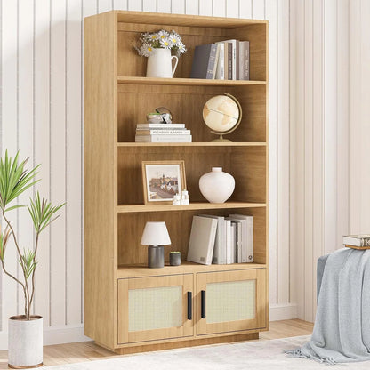 Huloretions 5 Tier Bookself, Boho Bookcase with Rattan Doors, Wooden Bookcase and Bookshelf with Storage, Tall Book Stand, Large Bookshelf for Living Room, Bedroom, Home Office, Kitchen