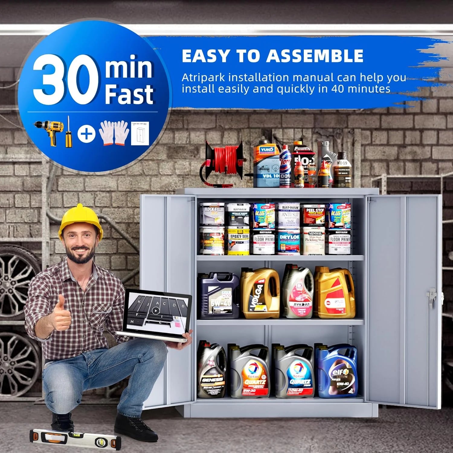 Superday Locking Metal Storage Cabinet with 2 Drawers, Lockable Garage Storage Cabinet with Locking Doors and Adjustable Shelves, Tool Cabinets for Home Office, School, Etc