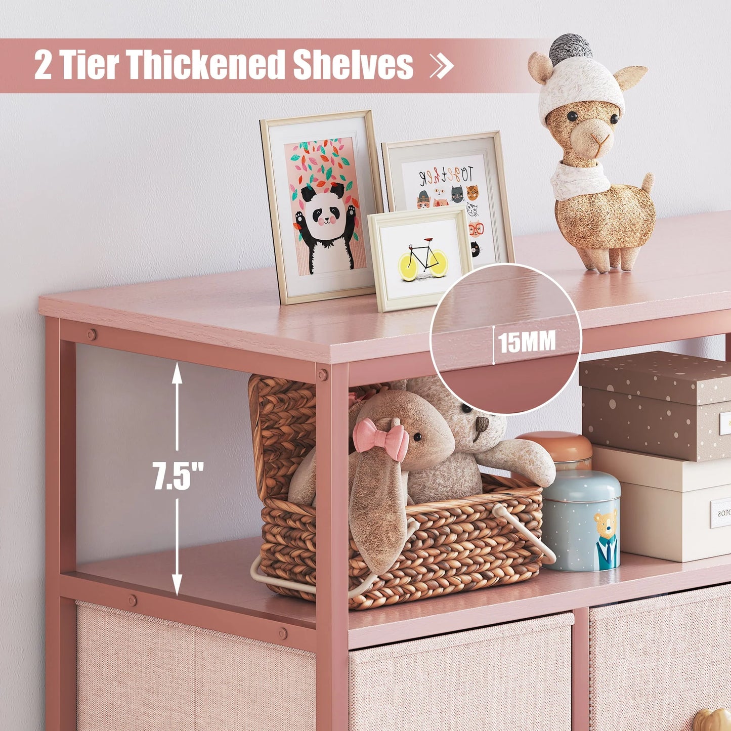 EnHomee Dressers for Bedroom with 7 Drawers Pink Dresser Fabric Chest of Drawers with Shelves Portable Storage Tower Small Dresser for Living Room Nursery Guest Room
