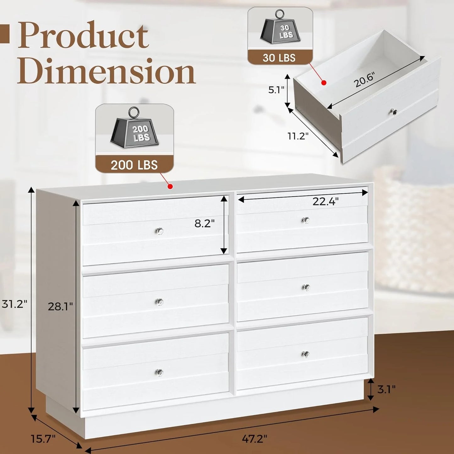CozyHom 6 Drawers Dresser For Bedroom, Dressers Chest for Home Office, Wood Storage Cabinet for Living Room Hallway Closet, White