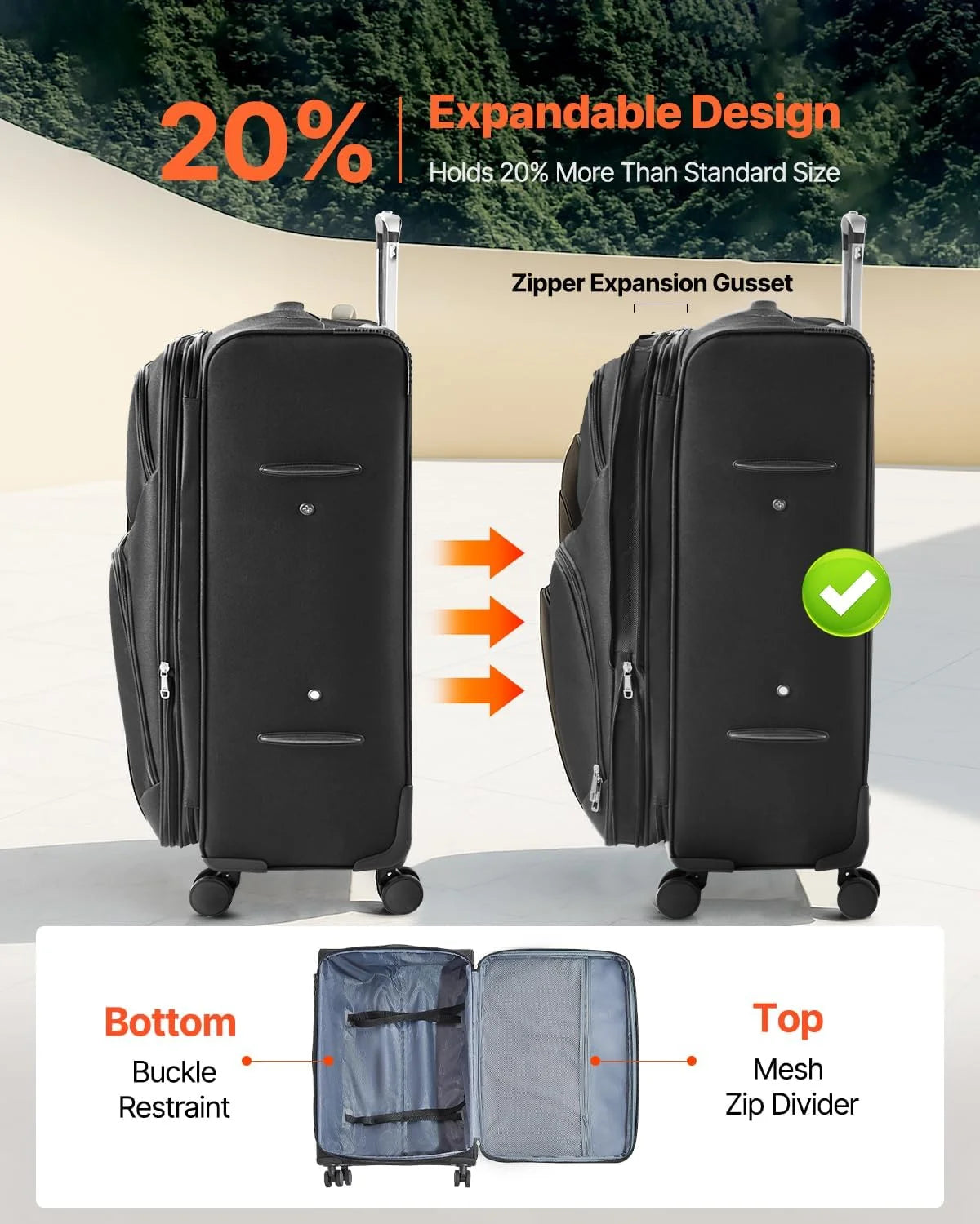 Softside Expandable Luggage with Spinner Wheels, 28-Inch Softside Checked Large Luggage, Lightweight Checked Suitcase with Expandable Zippered Pocket and TSA Lock, Black