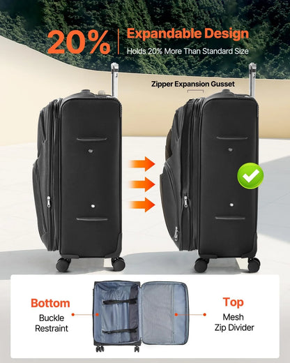 Softside Expandable Luggage with Spinner Wheels, 28-Inch Softside Checked Large Luggage, Lightweight Checked Suitcase with Expandable Zippered Pocket and TSA Lock, Black