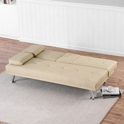 Aukfa Leather Futon Convertible Sofa Bed for Home Office, 2 Cup Holders Twin Size, Beige