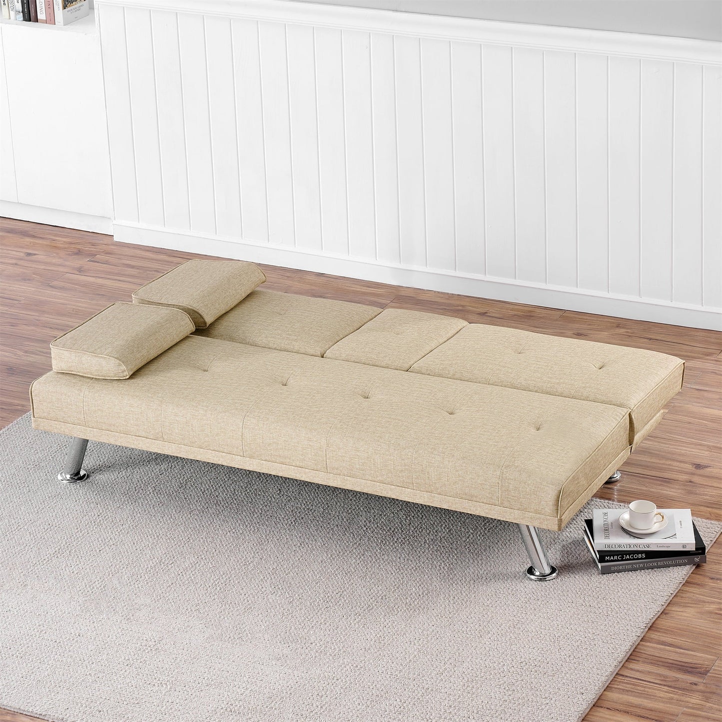 Aukfa Leather Futon Convertible Sofa Bed for Home Office, 2 Cup Holders Twin Size, Beige
