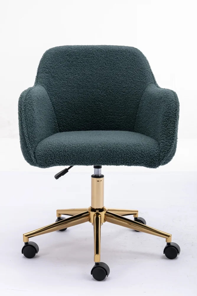 Modern Swivel Desk Chair, Teddy Fabric Home Office Task Chair Adjustable Swivel Mid-Back Cute Upholstered Accent Vanity Armchair with Gold Metal Legs and Universal Wheel for Home Office, Green