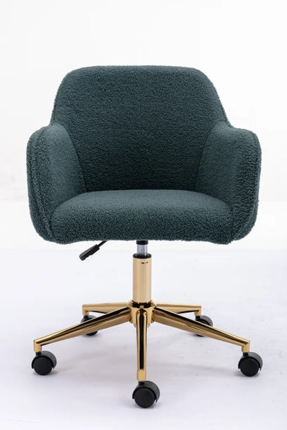 Modern Swivel Desk Chair, Teddy Fabric Home Office Task Chair Adjustable Swivel Mid-Back Cute Upholstered Accent Vanity Armchair with Gold Metal Legs and Universal Wheel for Home Office, Green