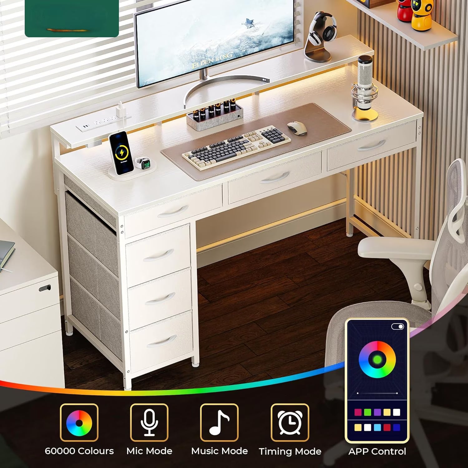 Gaming Desk with 6 Drawers, Computer Desk with LED Lights Power Outlets and Type-C, 47 Inch Office Table with Storage, Monitor Stand, Writing & Work Home Office, Bedroom, Study, White