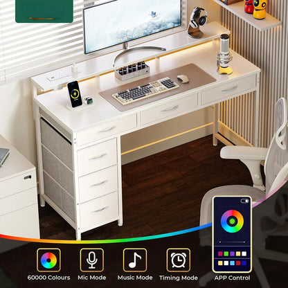 Gaming Desk with 6 Drawers, Computer Desk with LED Lights Power Outlets and Type-C, 47 Inch Office Table with Storage, Monitor Stand, Writing & Work Home Office, Bedroom, Study, White