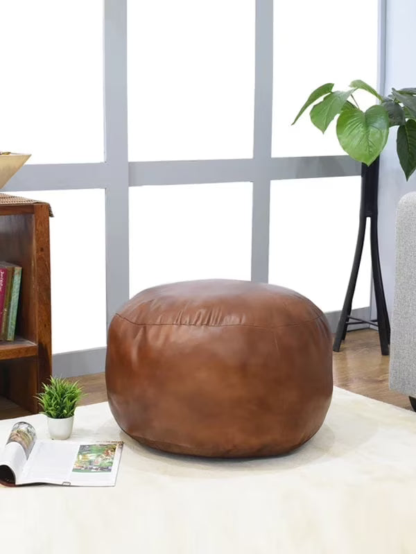 BBH Homes Handmade Solid Black 14x14x14 Inch Goat Leather Pouf For Living Room, Indoor WABBBACPF12SC
