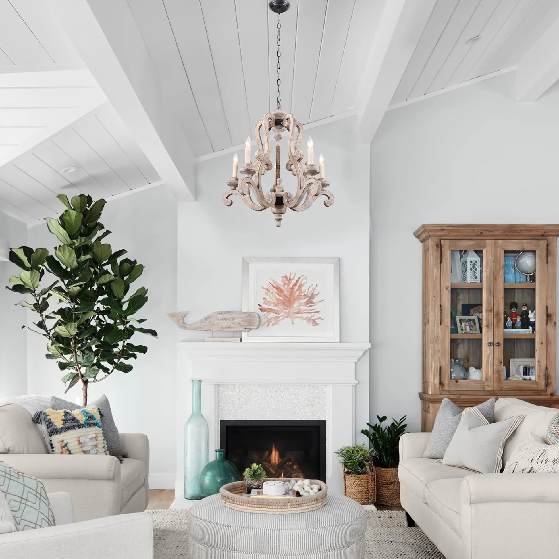 Oaks Aura French Country 5-Light Wood Rustic Pendant Ceiling Light ,Farmhouse Shabby Chic Candle Chandelier Weathered Wood Weathered, Antiqued 13 to