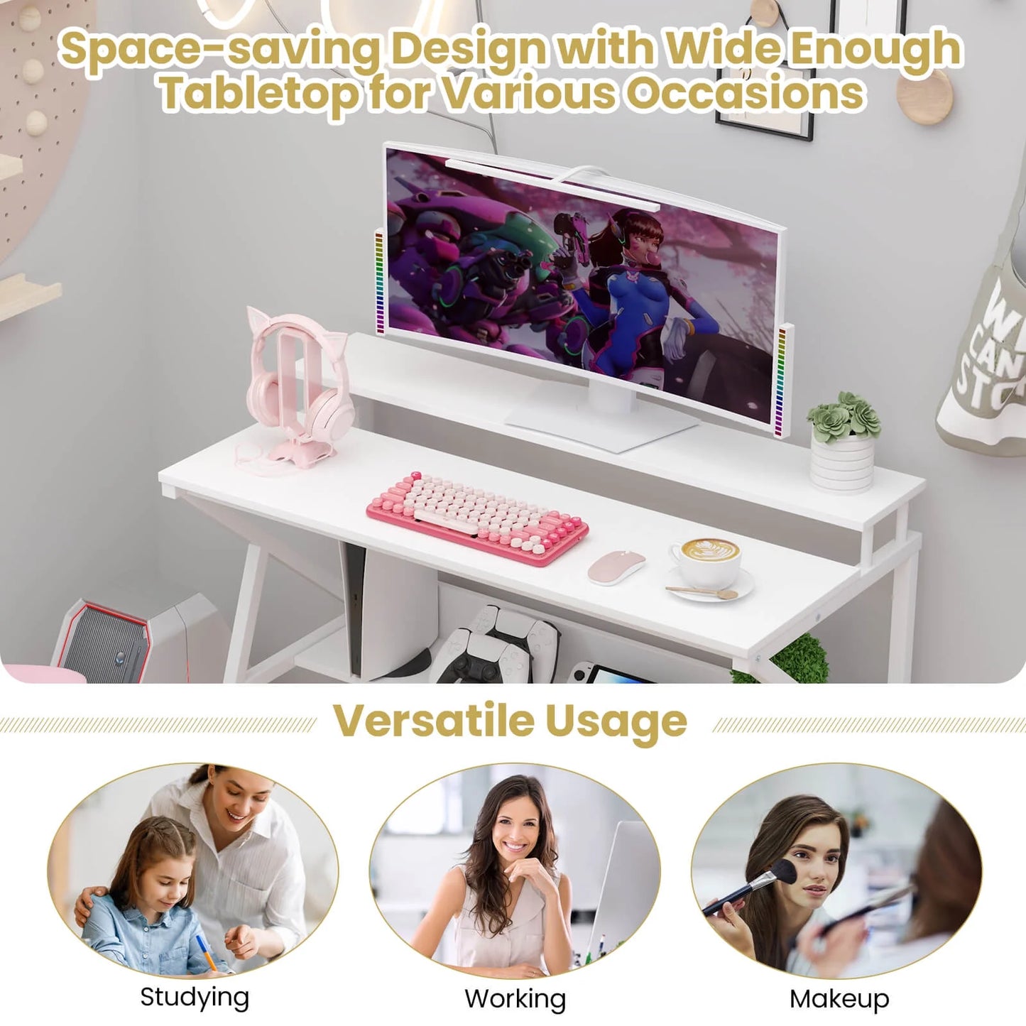 Costway Home Office Desk with Monitor Stand, Open Shelf & Metal Frame, Earphone Hook White