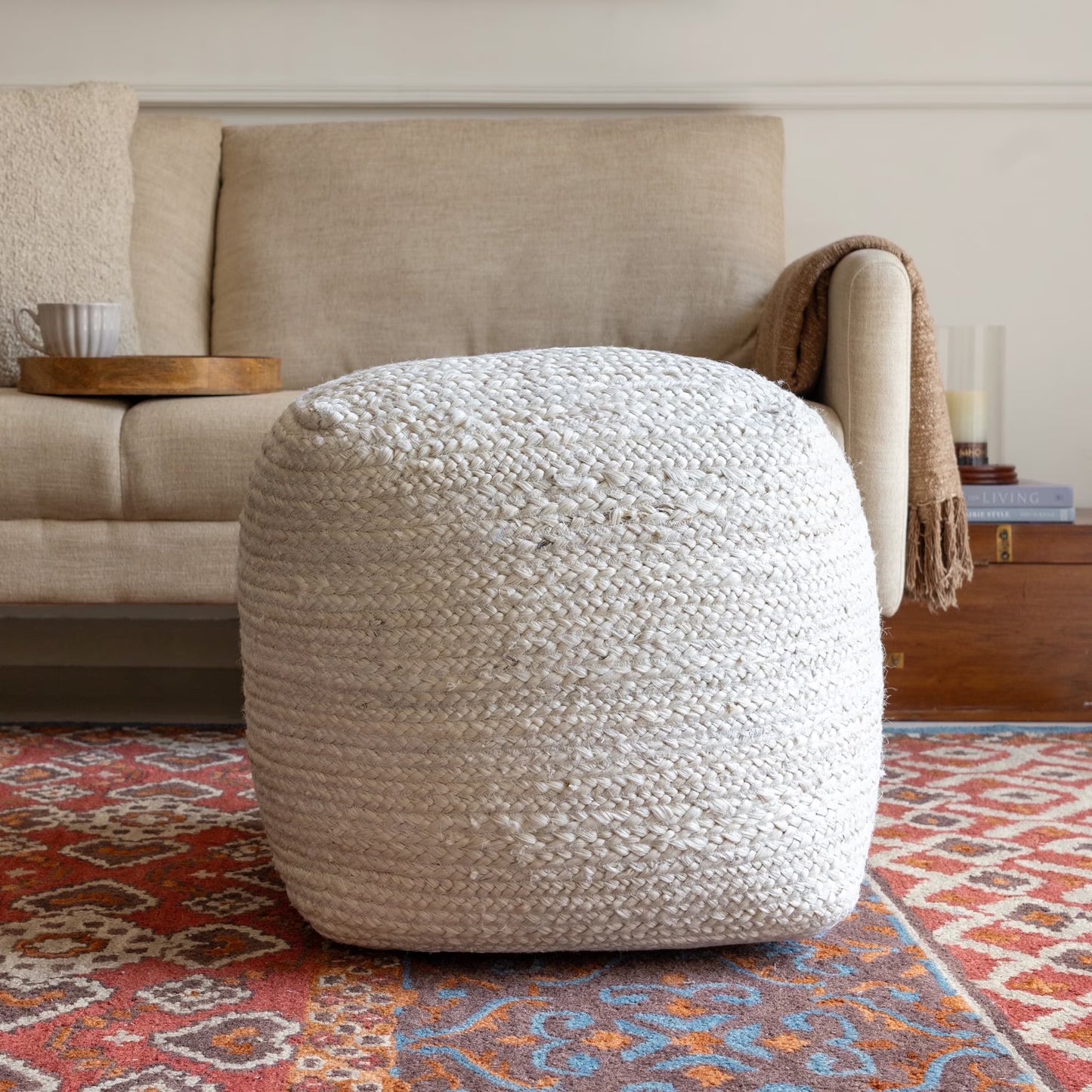 Ox Bay Shiela Square Ivory/Blue Distressed Indoor Pouf Ottoman, 18"H x 18"W