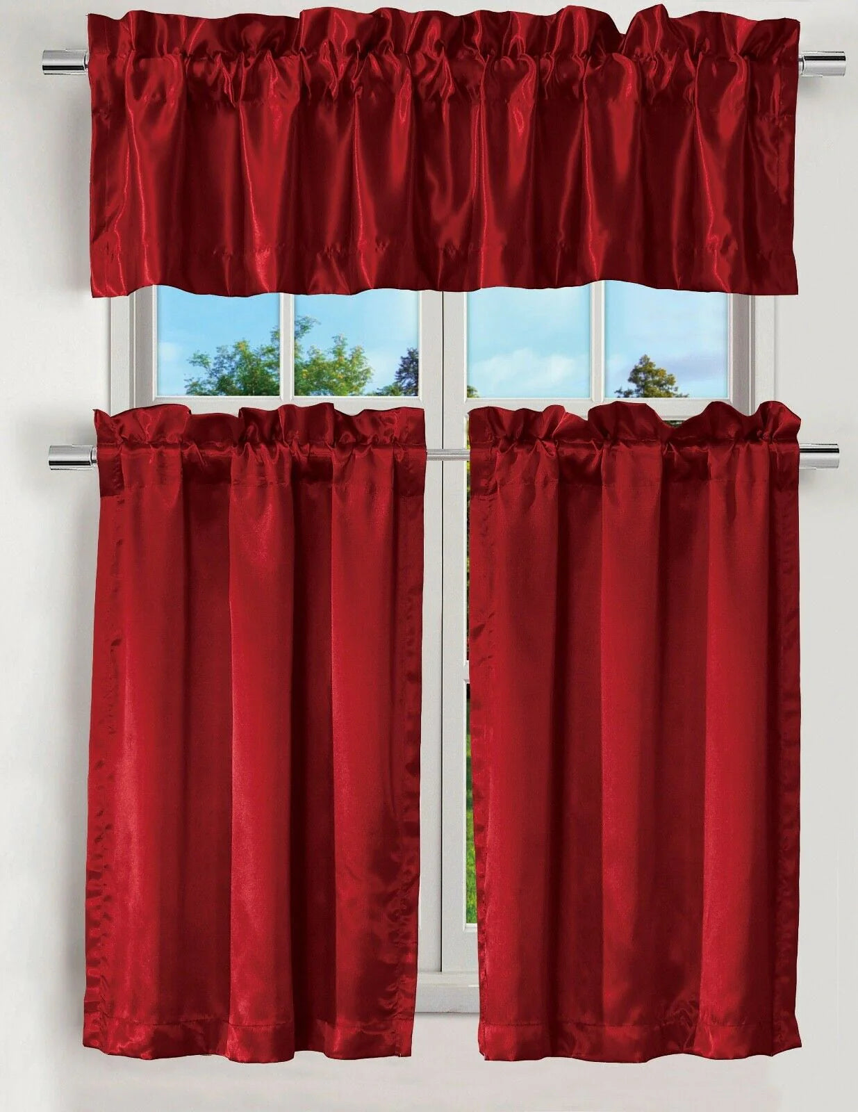 RED K3 3PC KITCHEN NURSERY SOLID COLOR CURTAIN VALANCE SIZE : 60" WIDE X 14" LONG2 TIERS PANELS SIZE : 30" WIDE X 36" LONG (EACH TIER)