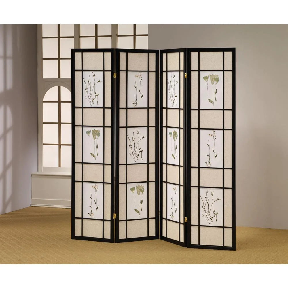 4 Panel Floral Shoji Screen, Room Divider