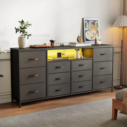 Danolapsi 12-Drawer Dresser with Charging Station & LED Lights, Fabric Chest of Drawers with Sturdy Metal Frame, Wood Top TV Stand, Storage Organizer for Bedroom, Closet, Entryway, Nursery