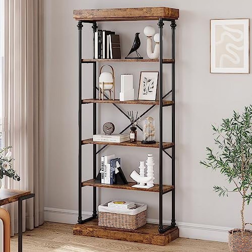 Maritcute 6 Tier Bookshelf Industrial Bookcase Wood Storage Open Rack Shelf Metal Frame Rustic Tall Standing Bookshelves Large Vintage Display Rack for Bedroom,Living Room and Home Office