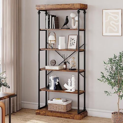 Maritcute 6 Tier Bookshelf Industrial Bookcase Wood Storage Open Rack Shelf Metal Frame Rustic Tall Standing Bookshelves Large Vintage Display Rack for Bedroom,Living Room and Home Office
